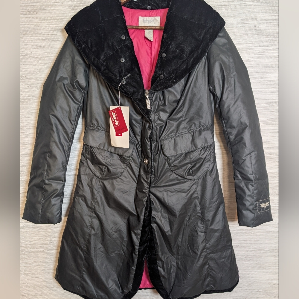 Levis Lady Style Vintage Shawl Collar Long Puffer Coat Velvet Trim NWT Y2K Small